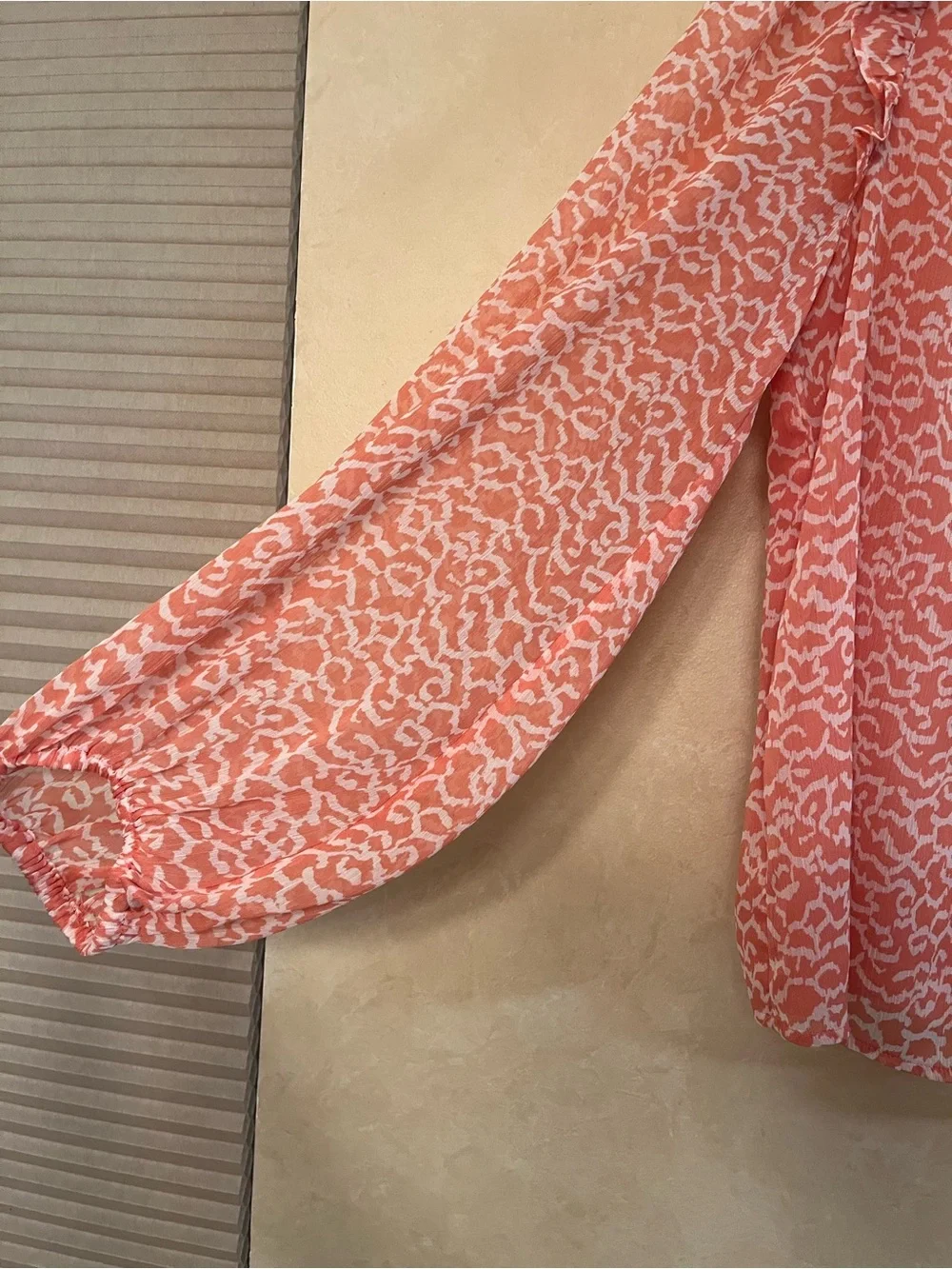 LOFT Coral Pink Printed Ruffle-Neck Long-Sleeve Blouse